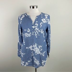 Talbots Blue White Floral Black Polka Dot Cotton Blouse Top Long Sleeve